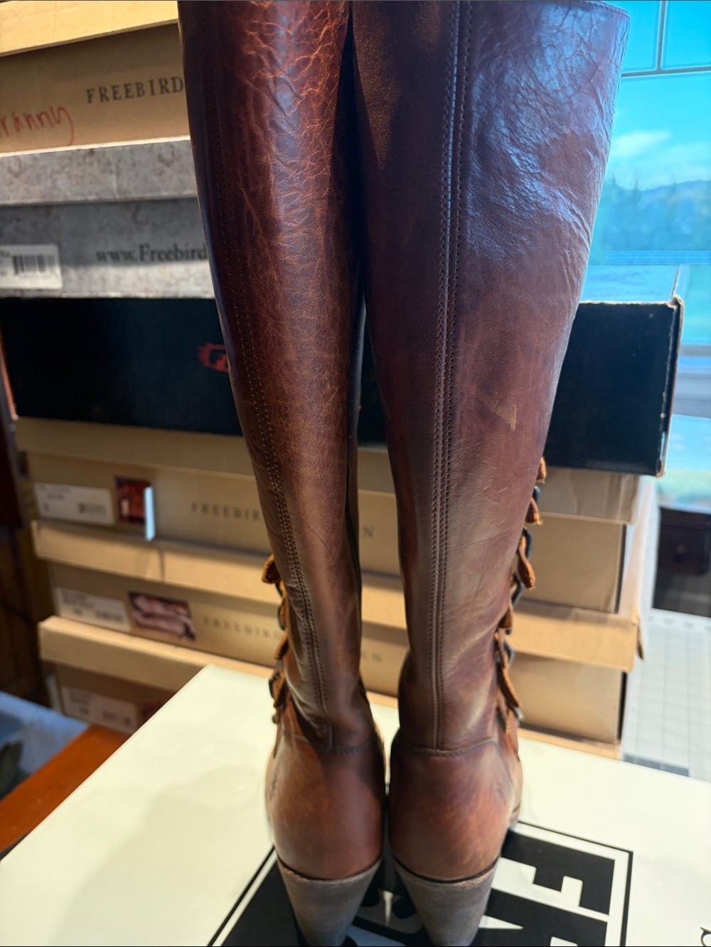 Frye Brown Leather Strappy Knee-High Gladiator Boots - Picture 4 of 6